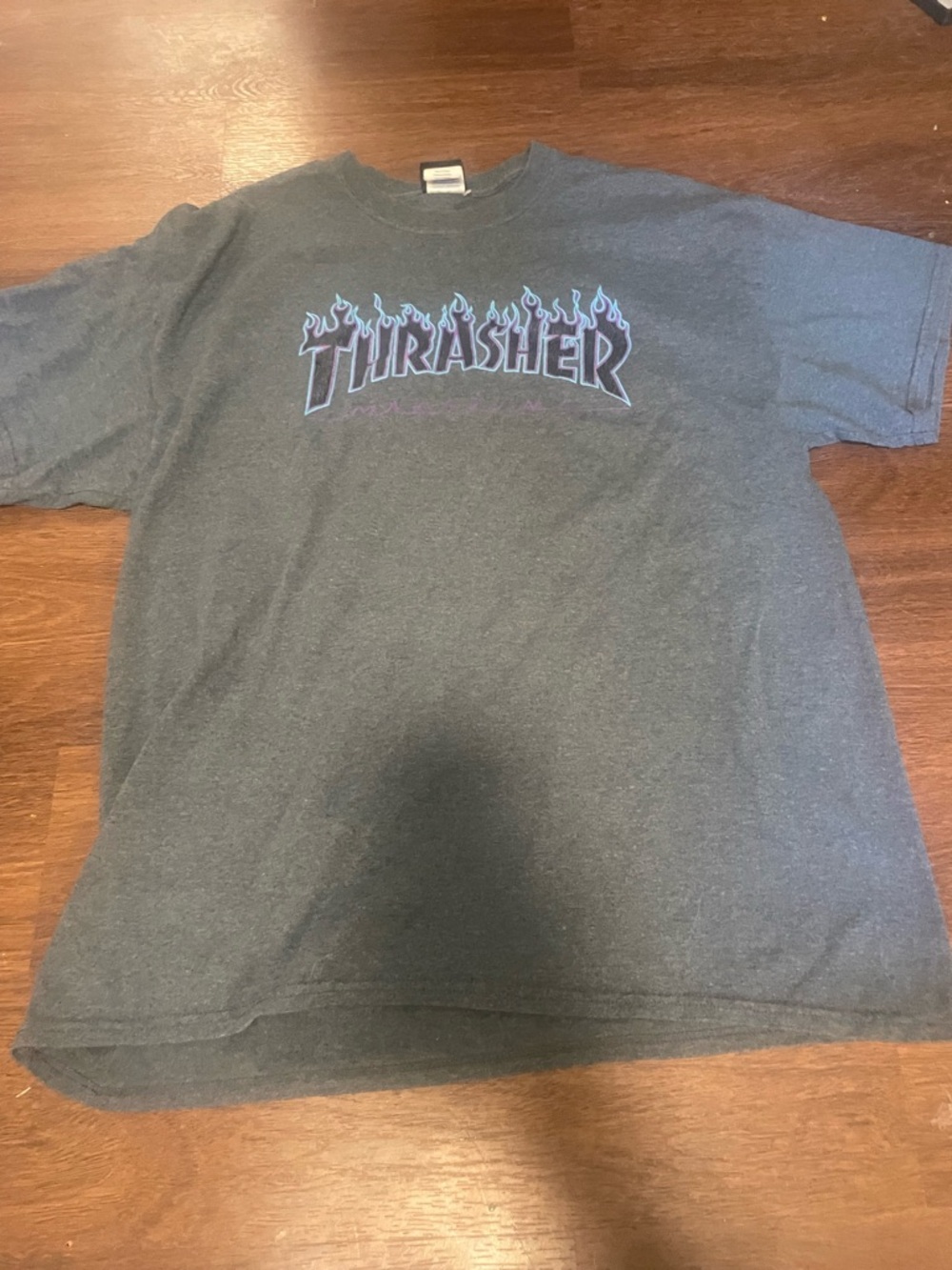 Thrasher Charcoal Tee with Purple/Blue Flame Logo